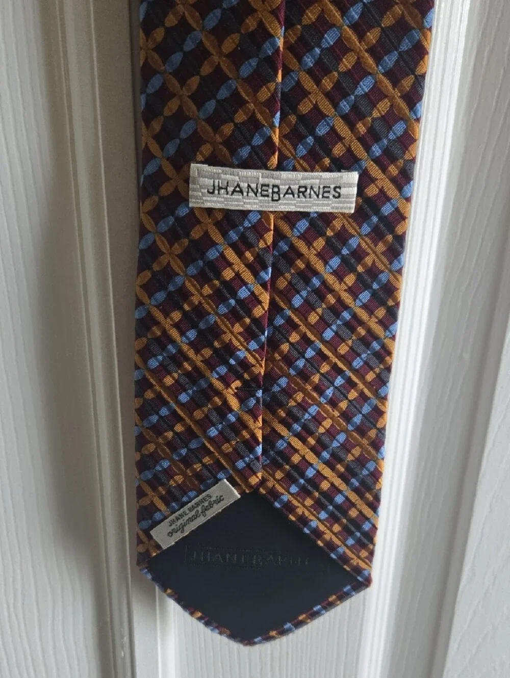 Jhane Barnes Wine, Blue And Gold Tie with Geometric Motif